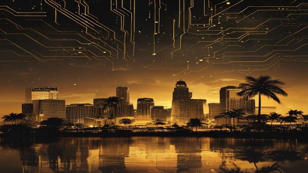 Miami skyline in ink-black and gold — The Free AI Seminar, Miami