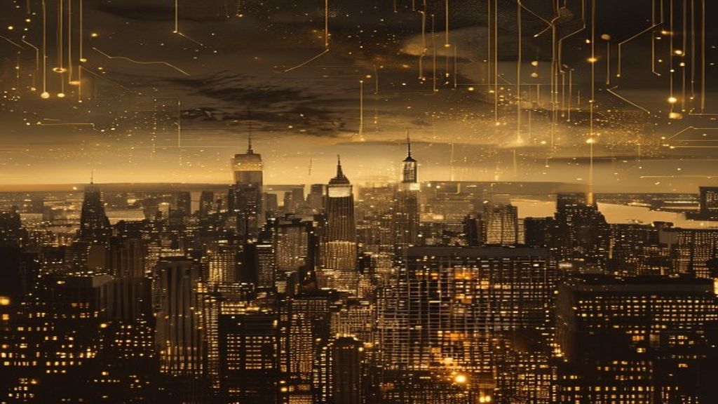 New York City skyline in ink-black and gold — The Free AI Seminar, New York